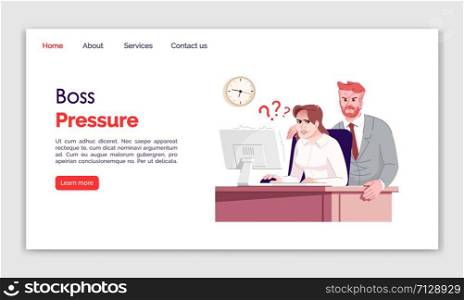Boss pressure landing page vector template. Everyday stress website interface idea, flat illustrations. Workplace homepage layout. Demanding boss. Nervous worker web banner, webpage cartoon concept