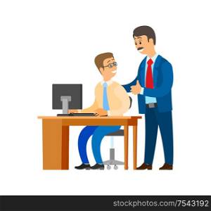 Boss professional leader of company and worker vector. Programmer sitting by table of working place director checking process and praising smiling man flat style. Boss Professional Leader of Company and Worker