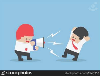 Boss shouting at businessman through megaphone so loudly, VECTOR, EPS10