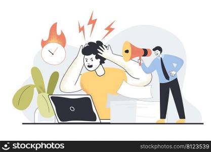 Boss shouting at exhausted employee flat vector illustration. Burnout and frustrated worker having pressing deadlines at work. Furious leader rushing man to complete tasks. Occupation concept 