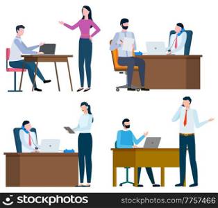 Boss sitting by table talking on phone vector, isolated set of characters woman and man discussing working process. Conference of businessman and partner, candidate and director flat style personage. People at Workplace, Business Seminar Boss at Office