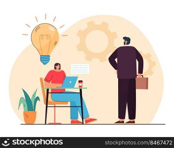Boss standing in front of employee who working. Worker sharing idea with chief flat vector illustration. Workplace, business communication concept for banner, website design or landing web page