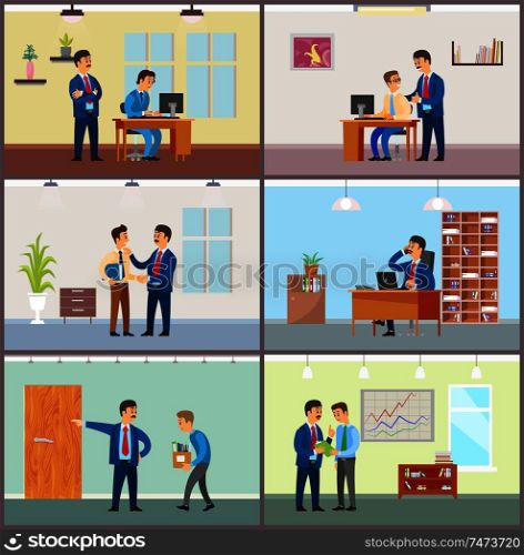Boss supervising new workers at job, businessman working in office vector. Employer and employee, sacked unemployed person, charts and presentation. Boss Supervising New Workers at Job, Businessman