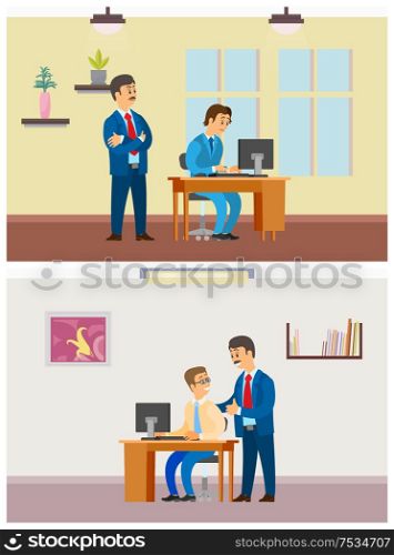 Boss supervising new workers productivity on laptop, office job vector. Chief executive praising novice with good results, compliment from director. Boss Supervising New Worker by Laptop, Office Job