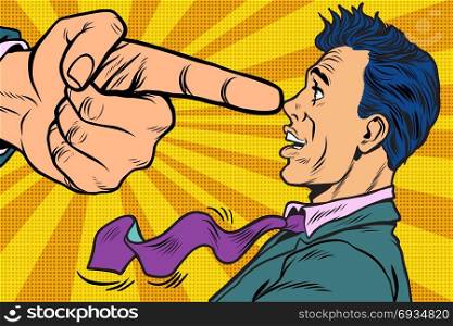 Boss threatens finger to businessman. Pop art retro vector illustration. Boss threatens finger to businessman