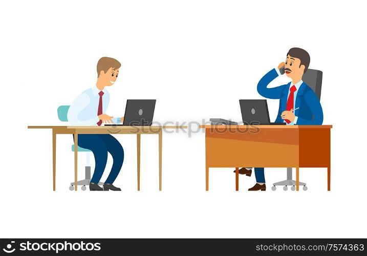 Boss vector, chief executive talking on phone in office. Male sitting by table, employee and employer. Worker with laptop developing project data. Boss Chief Executive Talking on Phone in Office