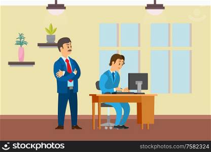 Boss watching working process of novice worker vector. Office interior with decoration plants and window. Employer and employee on first day on job. Boss Watching Working Process of Novice Worker