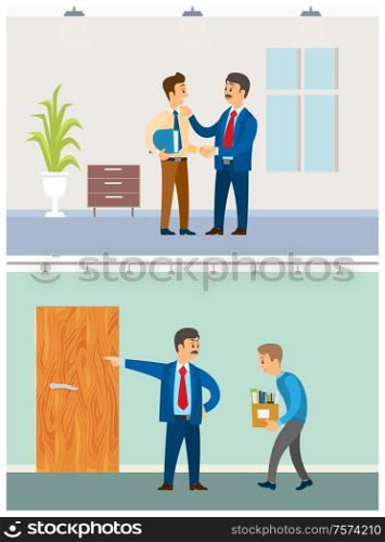 Boss with discharged worker, businessman at office vector. Dismissal of employee, walking with boxes to exit. Director praising colleague with files. Boss with Discharged Worker, Businessman at Office