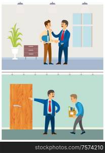Boss with discharged worker, businessman at office vector. Dismissal of employee, walking with boxes to exit. Director praising colleague with files. Boss with Discharged Worker, Businessman at Office