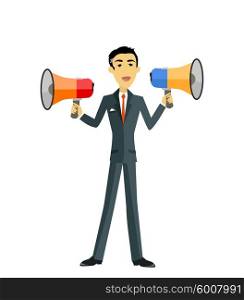 Boss with Megaphone. Boss with megaphone. Man with two megaphone. Businessman boss hold megaphone loudspeaker. Boss angry with megaphone. Boss yells into a megaphone. Leadership announcement. Vector illustration