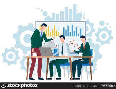 Boss with workers on meeting. Business conference or seminar. People working on project together. Presentation of plans and strategies for future actions. Colleagues analysing information vector. Business Seminar of Meeting of Workers in Office