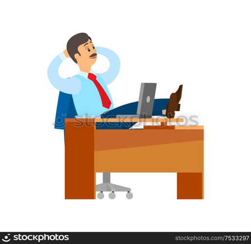 Boss worker of company having break at workplace vector. Chief executive businessman wearing formal wear tie, relaxing by table with personal computer. Boss Worker of Company Having Break at Workplace