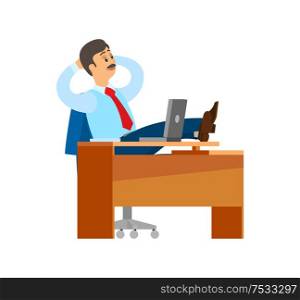 Boss worker of company having break at workplace vector. Chief executive businessman wearing formal wear tie, relaxing by table with personal computer. Boss Worker of Company Having Break at Workplace