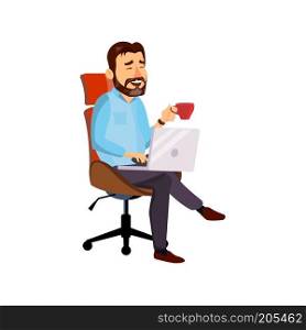 Boss Working Character Vector. Working Male. Modern Office Workplace. Animation Work. Cartoon Business Illustration 