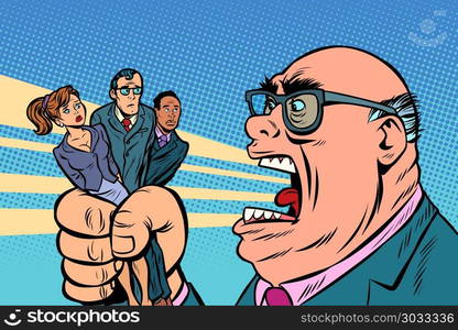 Boss yells at subordinates. Boss yells at subordinates. Comic book cartoon pop art retro illustration. Boss yells at subordinates