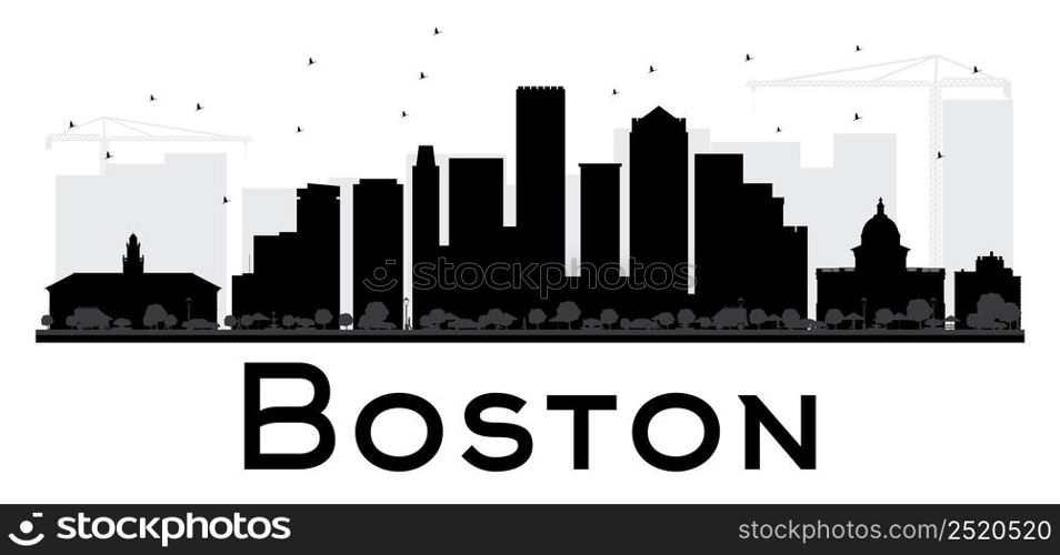 Boston City skyline black and white silhouette. Vector illustration. Simple flat concept for tourism presentation, banner, placard or web site. Business travel concept. Cityscape with landmarks