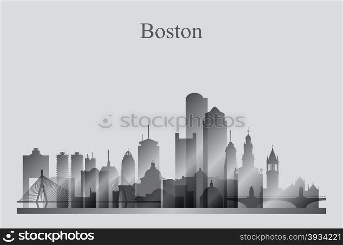 Boston city skyline silhouette in grayscale, vector illustration