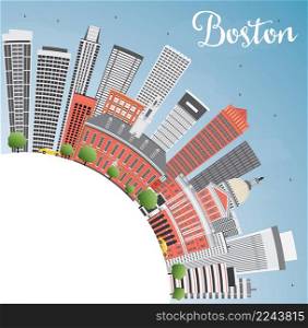 Boston Skyline with Buildings, Blue Sky and Copy Space. Vector Illustration. Business Travel and Tourism Concept with Modern Buildings. Image for Presentation Banner Placard and Web Site.