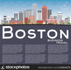 Boston Skyline with Buildings, Blue Sky and Copy Space. Vector Illustration. Business Travel and Tourism Concept with Modern Buildings. Image for Presentation Banner Placard and Web Site.