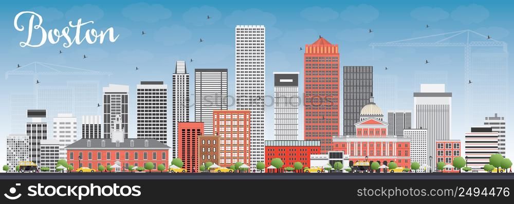 Boston Skyline with Gray and Red Buildings and Blue Sky. Vector Illustration. Business Travel and Tourism Concept with Modern Buildings. Image for Presentation Banner Placard and Web Site.