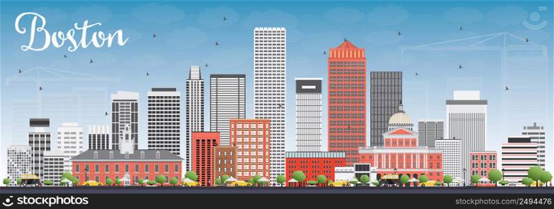 Boston Skyline with Gray and Red Buildings and Blue Sky. Vector Illustration. Business Travel and Tourism Concept with Modern Buildings. Image for Presentation Banner Placard and Web Site.