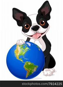 Boston Terrier holds the Earth at Earth Day