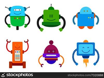 Bot creatures collection, robotic creatures set with long hands, artificial objects, green and blue machineries, vector illustration isolated on white. Bot Creatures Collection, Vector Illustration