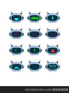 Bot faces set. Cute cartoon characters, robots heads with screens, happy smiling chatbots. Vector illustrations for humanoid avatar, futuristic computer robotics concept