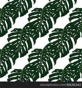 Botanic seamless isolated pattern with monstera green silhouettes. Tropic foliage on white background. Great for fabric design, textile print, wrapping, cover. Vector illustration.. Botanic seamless isolated pattern with monstera green silhouettes. Tropic foliage on white background.