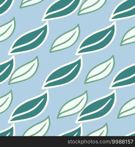 Botanic seamless pattern in hand drawn style with simple white outline leaf ornament. Blue background. Designed for fabric design, textile print, wrapping, cover. Vector illustration.. Botanic seamless pattern in hand drawn style with simple white outline leaf ornament. Blue background.