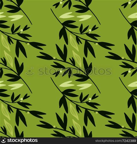 Botanic seamless pattern with black branches on green background. Vector illustration. Can be used for wallpaper, pattern fills, surface textures, fabric prints.. Botanic seamless pattern with black branches on green background.