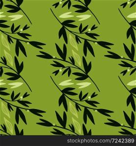 Botanic seamless pattern with black branches on green background. Vector illustration. Can be used for wallpaper, pattern fills, surface textures, fabric prints.. Botanic seamless pattern with black branches on green background.