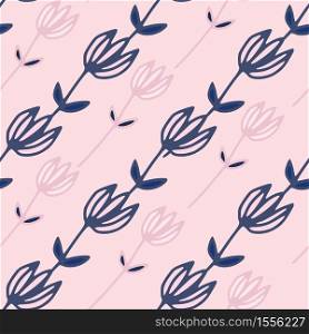 Botanic seamless pattern with tulip flower silhouettes on light pink background. Navy blue contoured ornament. Great for wrapping paper, textile, fabric print and wallpaper. Vector illustration.. Botanic seamless pattern with tulip flower silhouettes on light pink background. Navy blue contoured ornament.