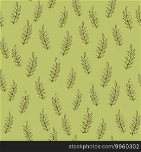 Botanic seamless random pattern with outline brown little branches ornament. Green olive pastel background. Designed for fabric design, textile print, wrapping, cover. Vector illustration. Botanic seamless random pattern with outline brown little branches ornament. Green olive pastel background.