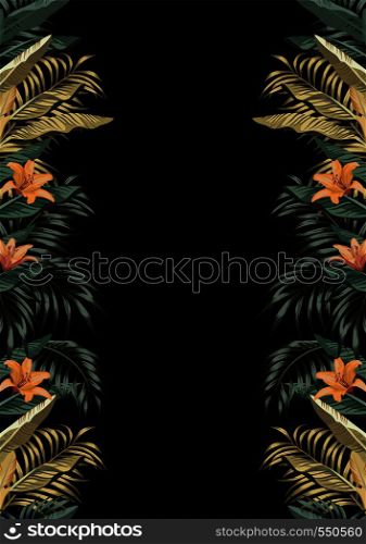 Botanical border A4 layout from tropical leaves and flowers on the black background