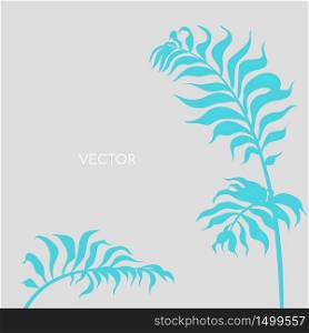 Botanical branch flat color vector background. Blue fern twig on grey pastel backdrop. Floral leaves. Tropical summer vacation social media post mock up. Exotic resort web banner template