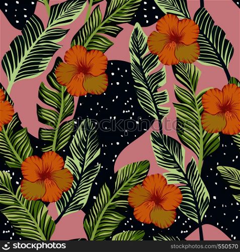 Botanical composition from tropical green banana leaves and yellow hibiscus flowers. Vector seamless pattern on the abstract black pink backgorund