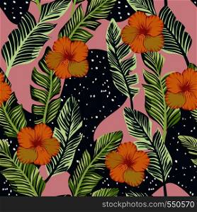 Botanical composition from tropical green banana leaves and yellow hibiscus flowers. Vector seamless pattern on the abstract black pink backgorund