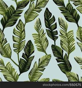 Botanical composition from tropical green banana leaves. Vector seamless pattern on the light blue backgorund