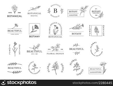 Botanical emblem. Minimalistic abstract logo design with plant branches and flowers. Beautiful botany. Line blossoms or leaves. Calligraphic icons. Blooming herbs. Vector floral rustic symbols set. Botanical emblem. Minimalistic abstract logo with plant branches and flowers. Beautiful botany. Blossoms or leaves. Calligraphic icons. Blooming herbs. Vector floral rustic symbols set