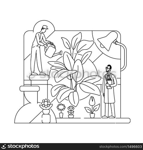 Botanical experiment thin line concept vector illustration. Lab workers, botanists 2D cartoon characters for web design. Chemists, scientists testing bio fertilizer. Botany science creative idea. Botanical experiment thin line concept vector illustration