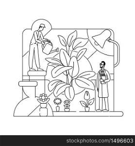 Botanical experiment thin line concept vector illustration. Lab workers, botanists 2D cartoon characters for web design. Chemists, scientists testing bio fertilizer. Botany science creative idea. Botanical experiment thin line concept vector illustration