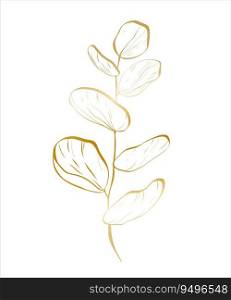 Botanical golden illustration of a eucalyptus branch for wedding invitation and cards, logo design, web, social media and posters template. Elegant minimal style floral vector isolated.