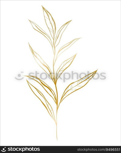 Botanical golden illustration of a eucalyptus branch for wedding invitation and cards, logo design, web, social media and posters template. Elegant minimal style floral vector isolated.