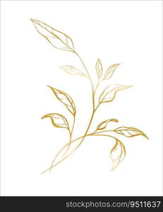 Botanical golden illustration of a leaves branch for wedding invitation and cards, logo design, web, social media and posters template. Elegant minimal style floral vector isolated.