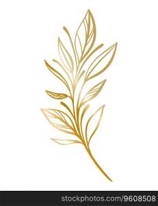 Botanical golden illustration of a leaves branch for wedding invitation and cards, logo design, web, social media and posters template. Elegant minimal style floral vector isolated