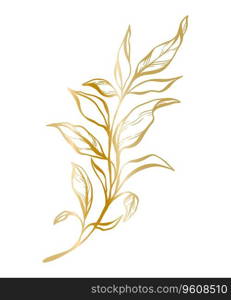 Botanical golden illustration of a leaves branch for wedding invitation and cards, logo design, web, social media and posters template. Elegant minimal style floral vector isolated. 