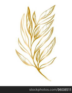 Botanical golden illustration of a leaves branch for wedding invitation and cards, logo design, web, social media and posters template. Elegant minimal style floral vector isolated.