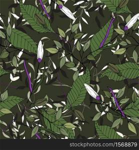 Botanical motifs. Isolated seamless violet and green flower pattern. Vintage pastel background for textile, fashion, fabric, wallpaper, wrapping. Hand drawn vector illustration.