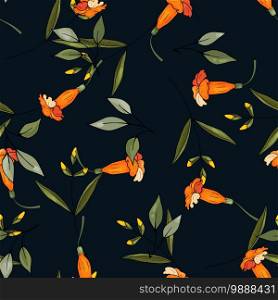 Botanical motifs. Orange and yellow flowers bluebells. Isolated seamless  pattern. Vintage background. Hand drawn vector illustration.